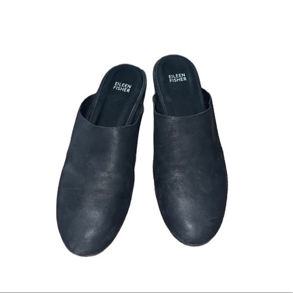 Eileen Fisher Blog Black Leather Slip On‎ Mule Slides - Picture 2 of 8